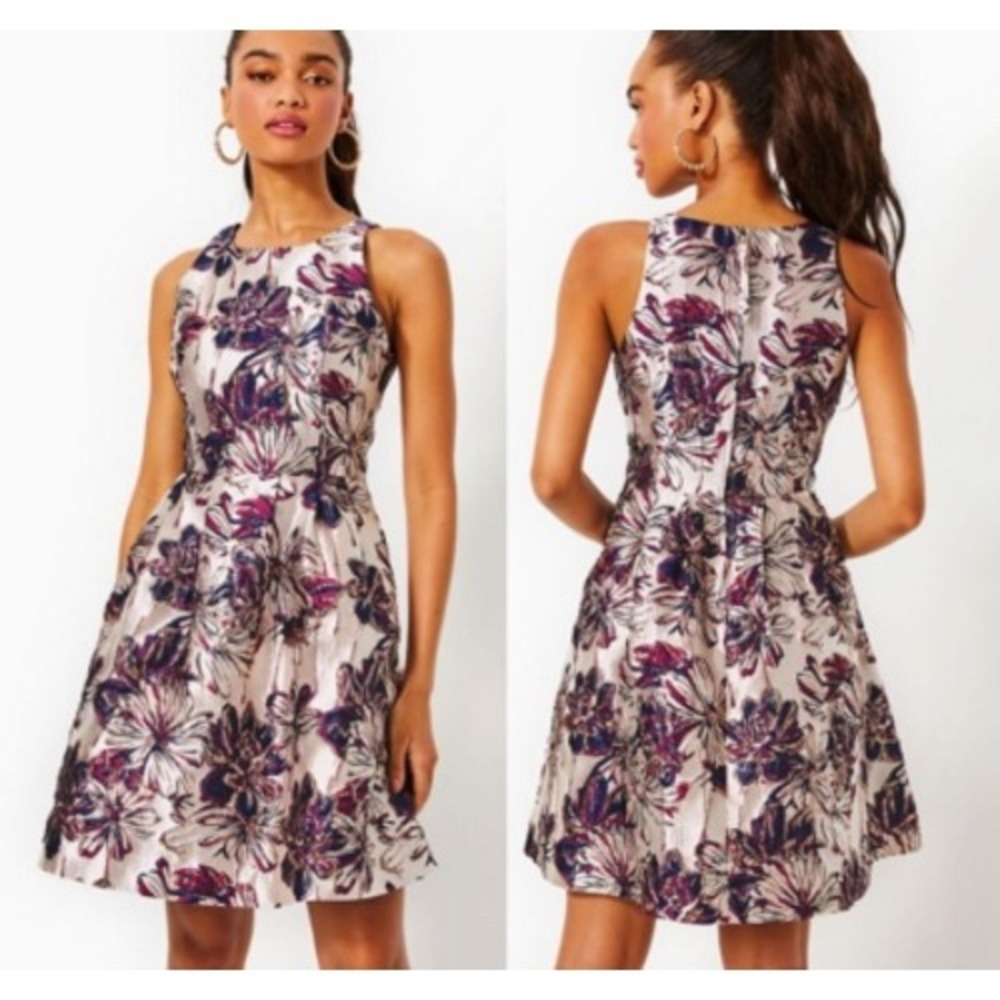 Lilly Pulitzer Jollian Metallic Floral Jacquard Fit Flare Dress Pockets Size 14